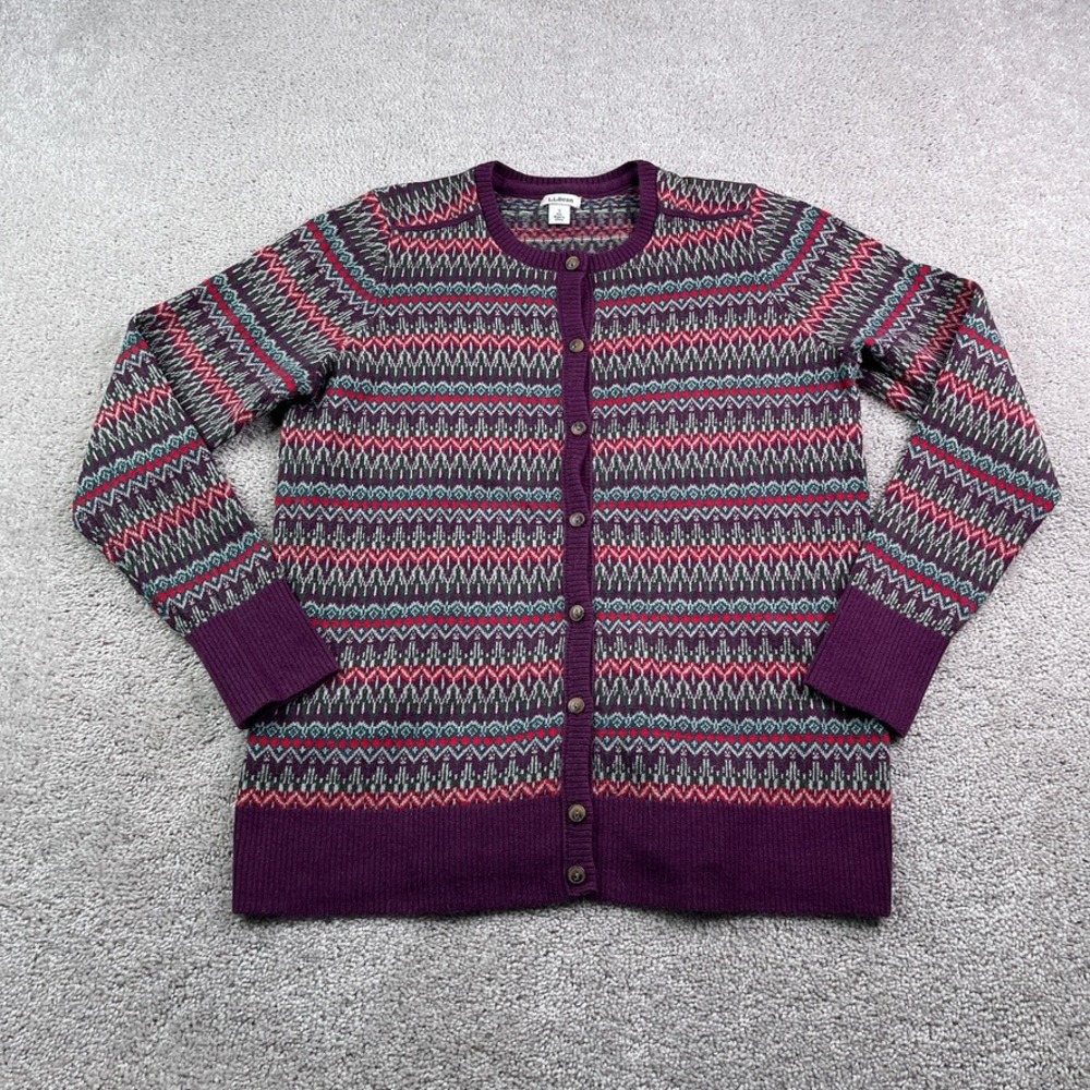 LL Bean Cardigan Sweater Womens Small Purple Fair Isle Cotton Cashmere Button Up